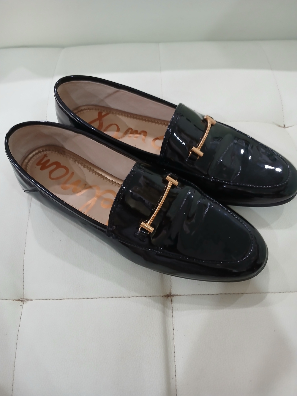 Black Patent Slip-On Loafers with Gold Bit